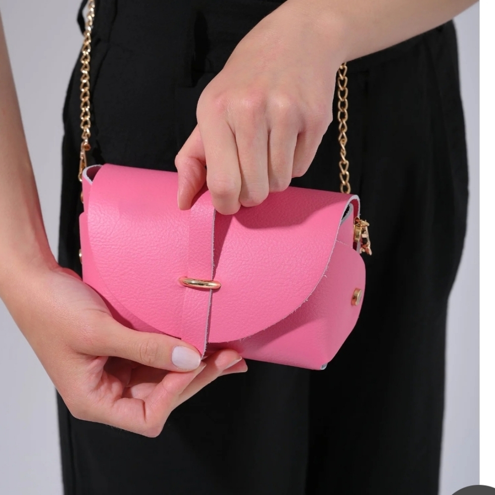 Borse In Pelle Leather Crossbody Bag Pink Made In Italy Gold Color Metal Strap